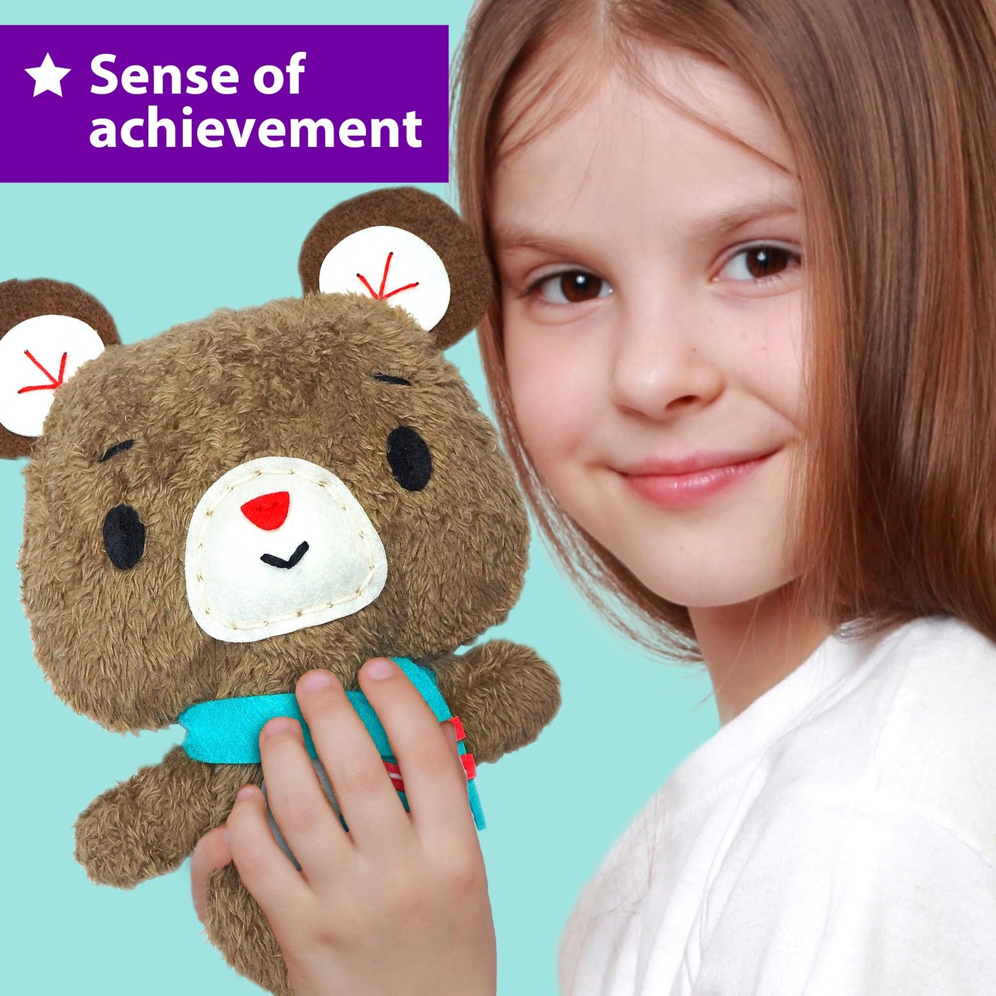 KRAFUN Sewing Kit for Kids Ages 7-12, Beginner Art & Craft Set with 3 Stuffed Animal Dolls (Teddy, Raccoon, Owl), Plush Felt Materials, Embroidery Supplies, and Instructions for Learning to Sew