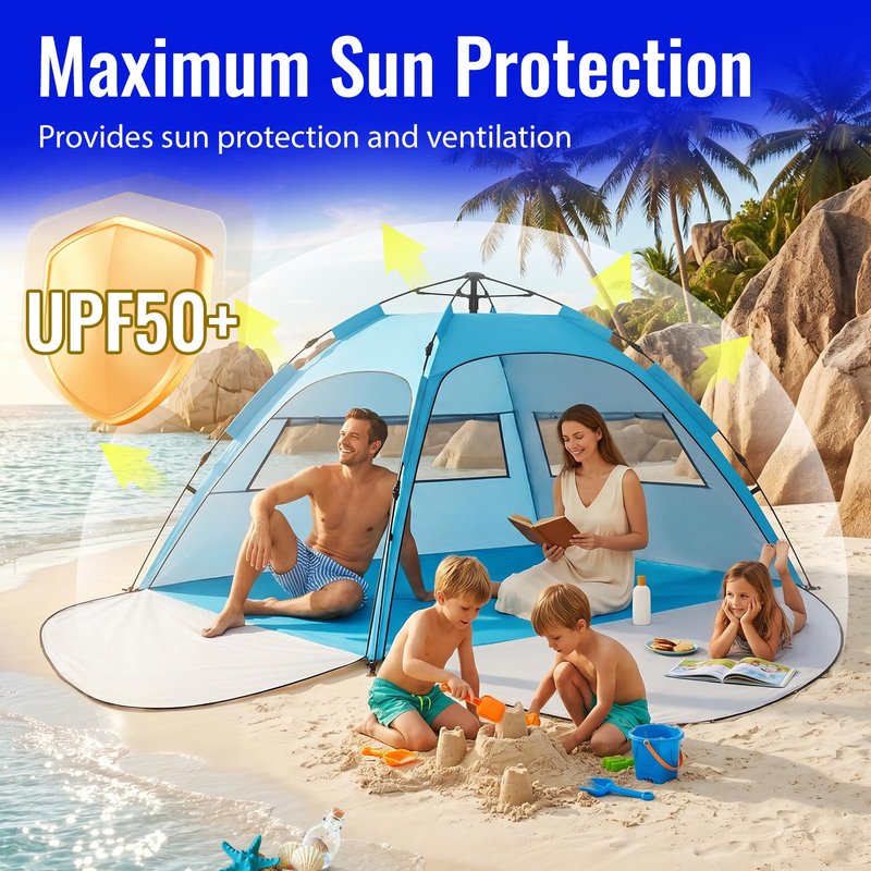 Pop Up Beach Tent Sun Shelter – Easy Set up in 3S Instant, Tents for 4/5 Person Beach Umbrella Sun Shelter Shade, UV 50+ Protection, Wind Resistant, Lightweight Portable Baby Tents Shade for Family