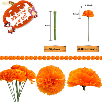 Gusaloo Marigold Flower Heads 50Pcs, Mexican Marigold Artificial Flowers for Day of The Dead Diwali Home DIY Garland Craft Wedding Mexican Party Decoration Halloween Dia De Los Muertos Decor(Orange)