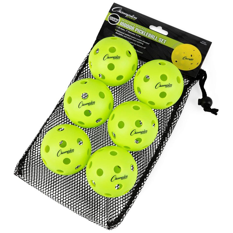 Champion Sports Indoor Pickleball Balls: USAPA Approved Official Size Tournament Pickleballs - Optic Yellow Pickleball Ball Set for Indoor Courts - 6 Pack