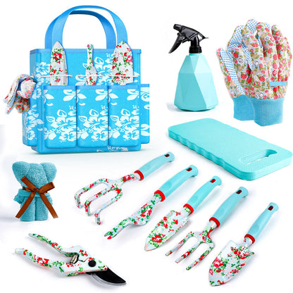 JUMPHIGH Floral Garden Tools Set, 11 PCS Heavy Duty Gardening Tools Includes Hand Trowel Rake Weeder Pruner Sprayer, Gardening Gifts for Women, Garden Kit with Storage Tote Bag and Garden Gloves
