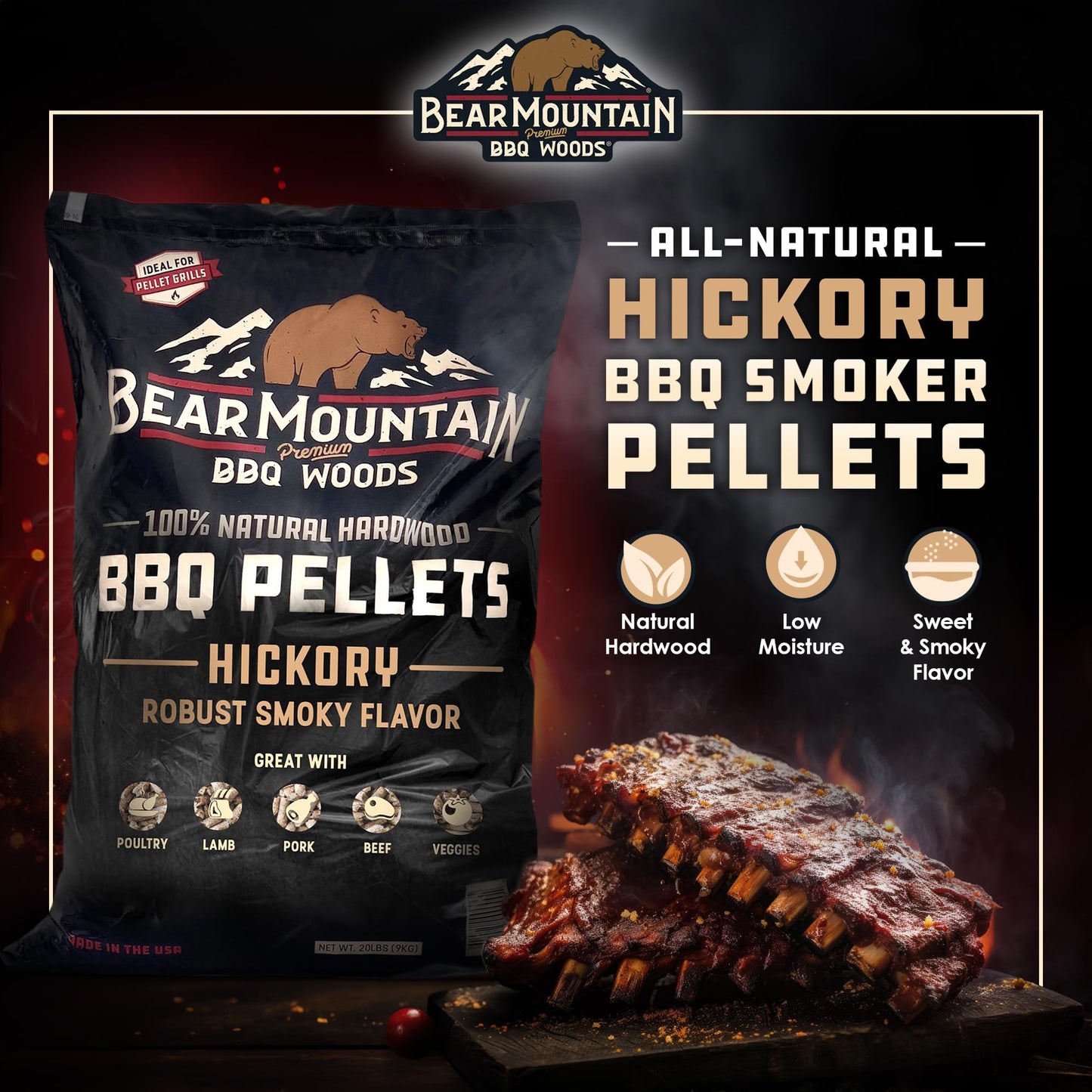Bear Mountain Premium BBQ Woods 100 Percent All Natural Hardwood Hickory Pellets, Perfect for Pellet Smokers & Grills for Wood-Fired Flavor, (40 Pounds Bag)