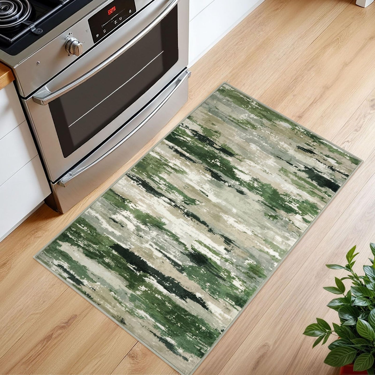 SILOLOOM Washable Entryway Rug Small Abstract Area Rug 2x3, Non-Slip Kitchen Rugs Soft Thin Indoor Door Mat, Printed Faux Wool Throw Rugs Floor Carpet for Bedroom Entry Front Door Sink, Green