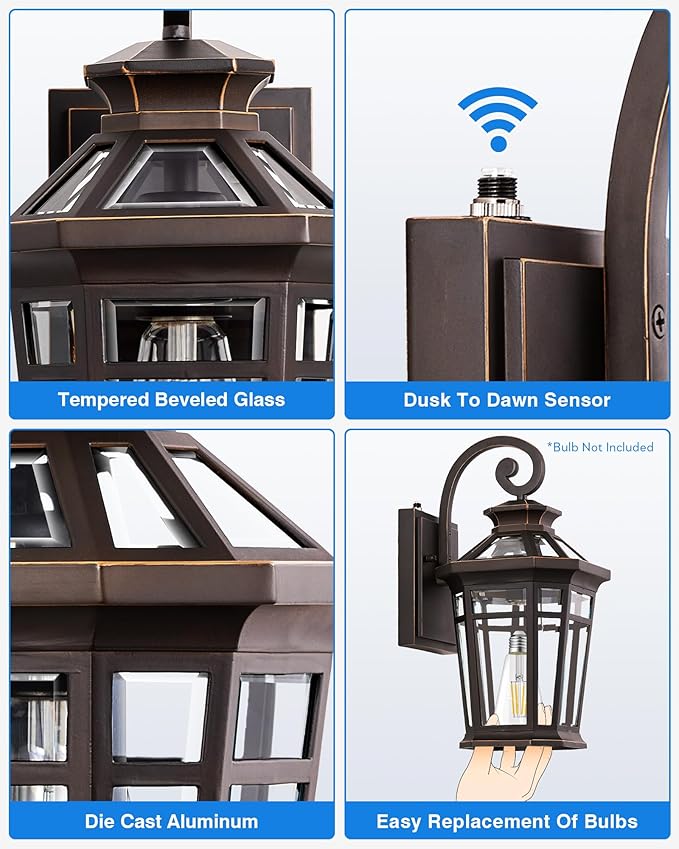 Outdoor Wall Lights Wall Mount, Exterior Lighting Fixtures Dusk to Dawn, Oil Rubbed Bronze Front Porch Lights, Outdoor Wall Lantern with Tempered Glass, Anti-Rust Garage Sconce Lights, Patio