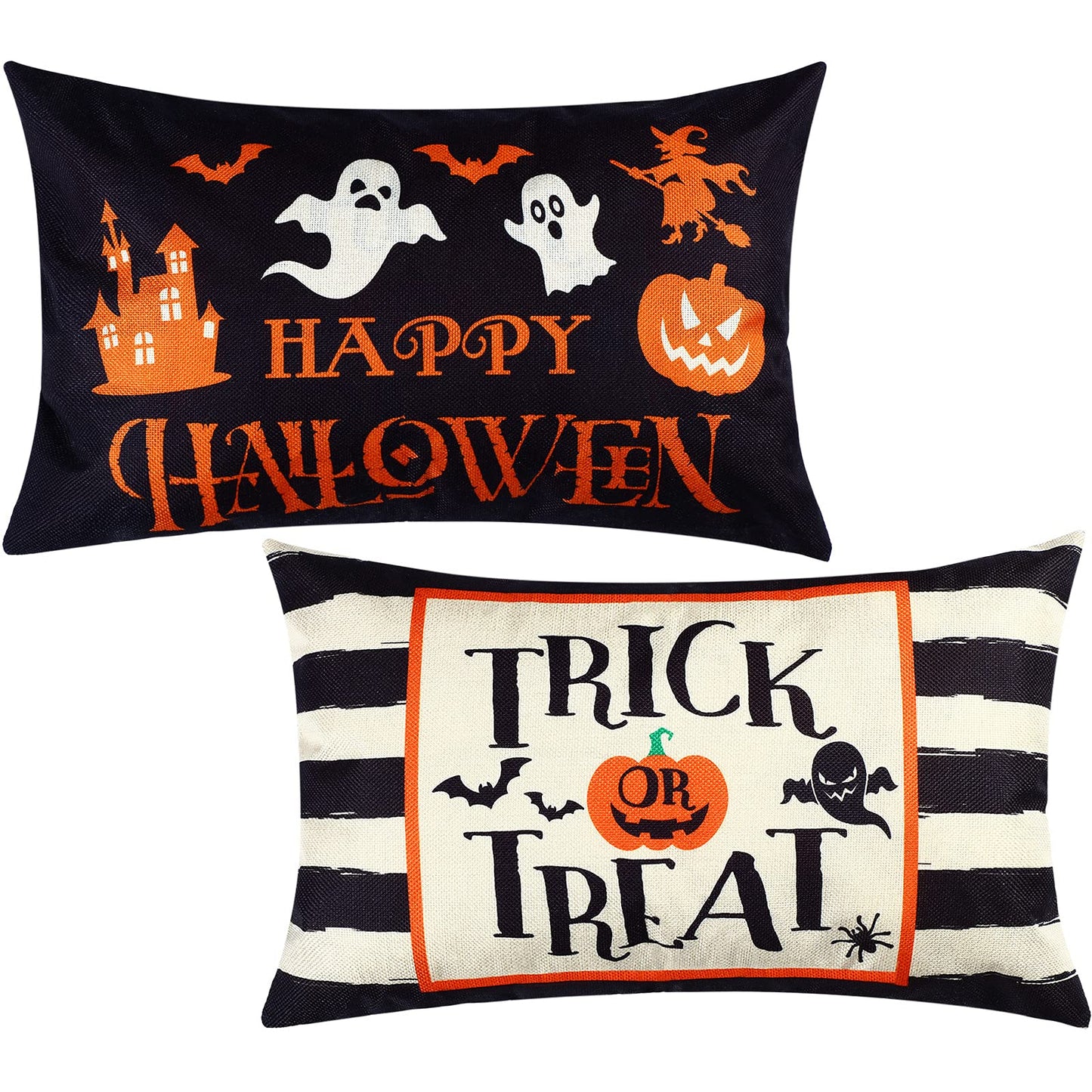 2 Pieces Happy Halloween Pillow Covers 12 x 20 Inch Ghost Jack-o'-Lantern Bat Cushion Cover Rectangular Halloween Throw Pillow Case Decoration for Bed Sofa Home