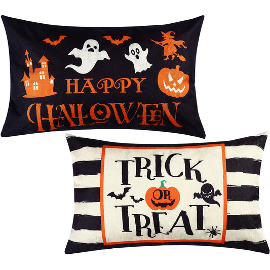 2 Pieces Happy Halloween Pillow Covers 12 x 20 Inch Ghost Jack-o'-Lantern Bat Cushion Cover Rectangular Halloween Throw Pillow Case Decoration for Bed Sofa Home