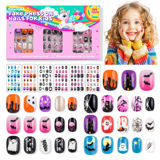 144 Pieces 6 Pack Kids Press on Nails Artificial Fake Nails for Kids Girls Pre Glue Full Cover Short Acrylic False Nail Tips Art Kits Gifts for Girls Nail Art Decoration (Halloween Pattern)