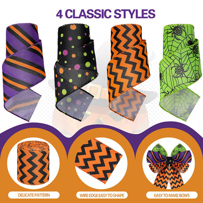 4 Rolls 20 Yards Halloween Wired Edge Ribbon Spider Web Printed Grosgrain Ribbons Halloween Theme Holiday DIY Craft Wrapping Ribbon for Home Party Decor