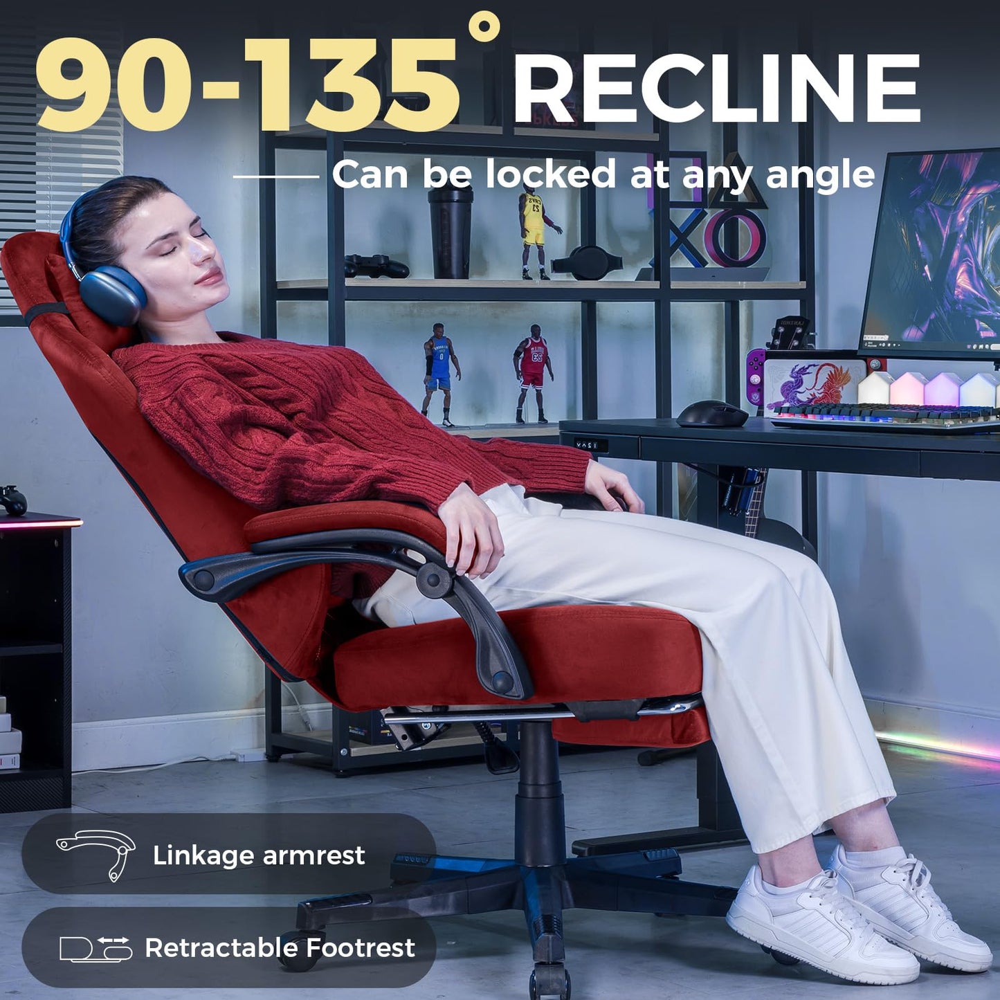 GTRACING Gaming Chair Fabric with Footrest, Big and Tall Game Chair High Back Computer Office Chair with Lumbar Support for Adults, Ergonomic Swivel Games Chair with Pocket Spring Cushion Gaming Red