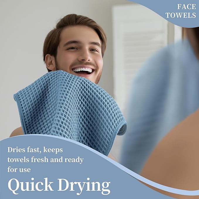 Microfiber Waffle Face Towels, 4 Pieces, Fast Drying, Lint Free 430 GSM