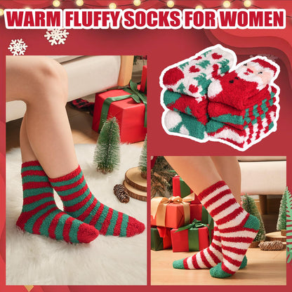 Plush Slipper Socks Women - Christmas Warm Fuzzy Crew Socks Cozy Soft 6 Pairs for Winter Indoor