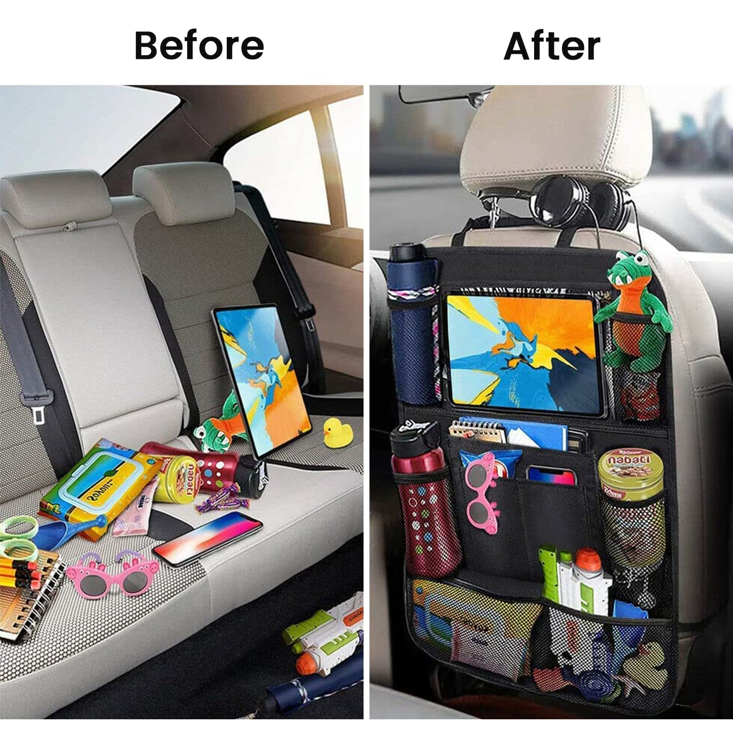 ACELIFE Car Organiser,Car Seat Organiser for Kids 2pcs, BackSeat Protector with 10" iPad Tablet Holder,Car Tidy Organiser With Kick Mat & 9 Pockets for bottles,toys,books,Car Accessories for Toddlers