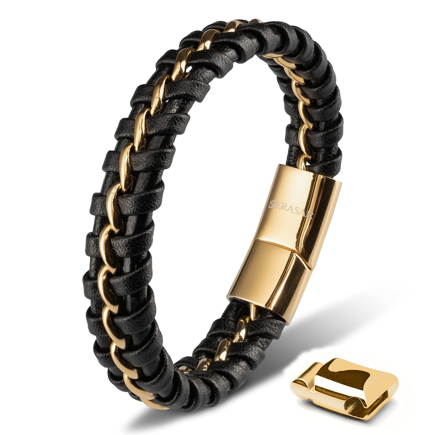 SERASAR Leather Wristbands for Mens 23cm Gold Bracelet GiftBox Genuine Cowhide Braided AdjustAble Magnetic Clasp MultiLayer Wrap Mens Bracelets Band Jewelry Magnet Accessories