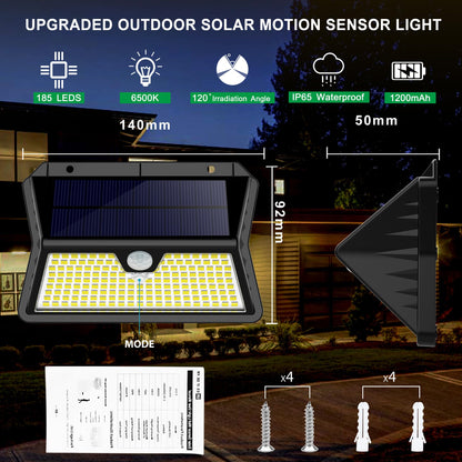 Solar Lights Outdoor Garden 185 LED Motion Sensor Security Lights, Solar Powered Wall Lighting with 3 Modes, IP65 Waterproof, Ideal for Patio, Fence, Driveway – 2 Pack Cool White