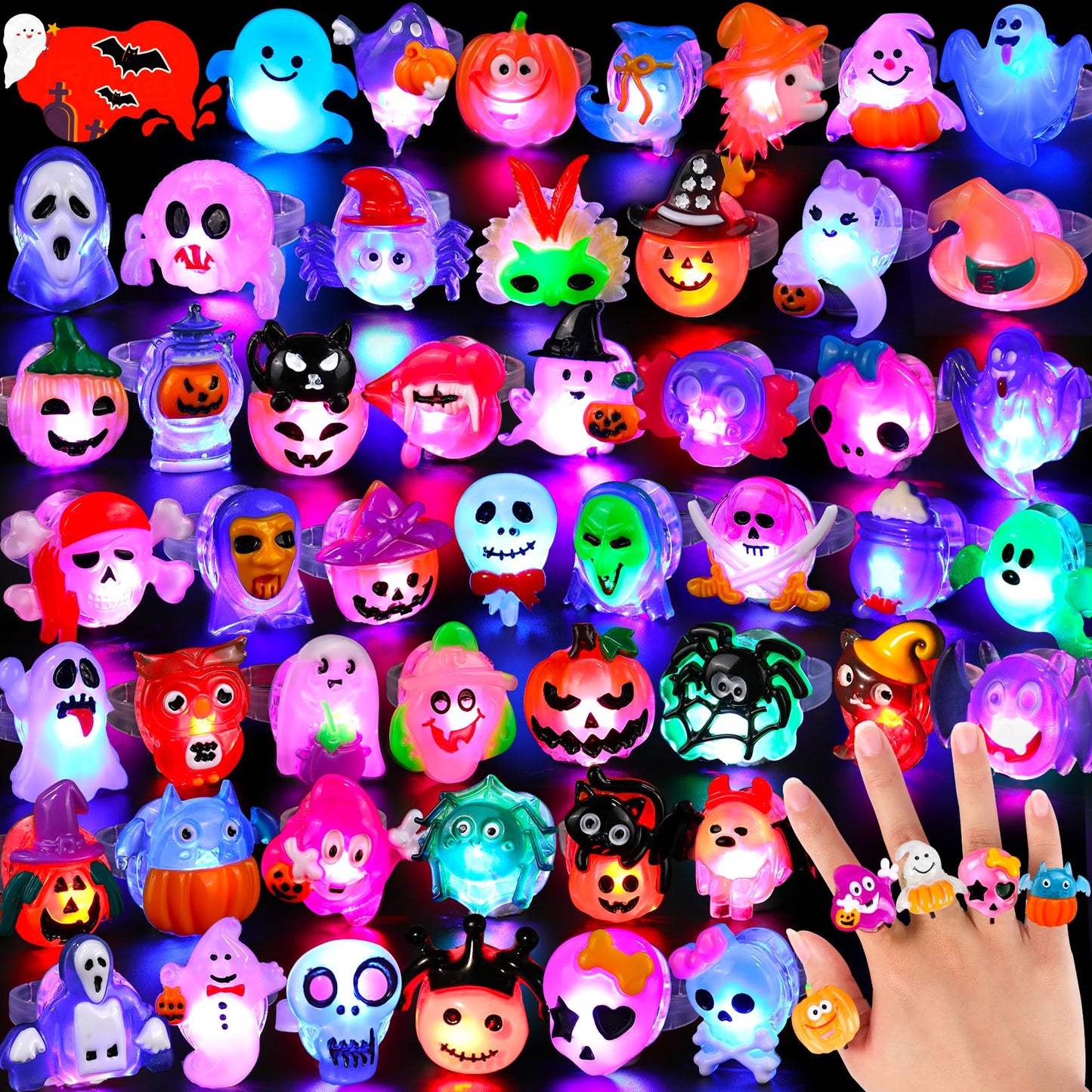 Nucifer 50 Pcs Halloween Treats Light Up Rings Toys Bulk 3D LED Flashing Glow In The Dark Rings Party Supplies Prizes Non Candy Treats Halloween Party Favors Gifts Toys Kids Adults Goodie Bag Stuffers