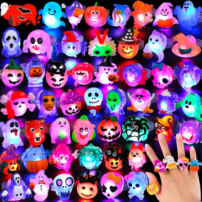 Nucifer 50 Pcs Halloween Treats Light Up Rings Toys Bulk 3D LED Flashing Glow In The Dark Rings Party Supplies Prizes Non Candy Treats Halloween Party Favors Gifts Toys Kids Adults Goodie Bag Stuffers