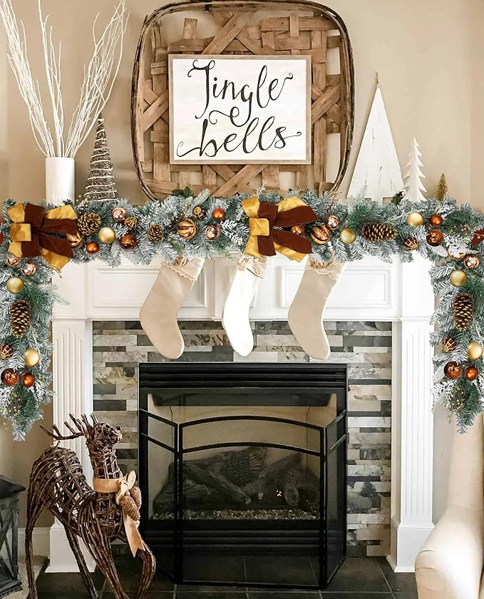 Christmas Garland for Front Door, 6 Foot Artificial Unlit Winter Garland with Pine Cones, Berry Clusters, Bronze Ball Ornaments and Ribbons for Thanksgiving Holiday Christmas Decoration