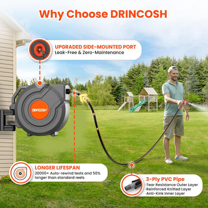 3rd Generation Retractable Garden Hose 130 ft x 1/2 inch Heavy Duty Wall-Mounted Hose Reels for Outside 180° Swivel Automatic Slow Return Any Length Lock 9 Pattern Nozzle UV Resistant (Black)