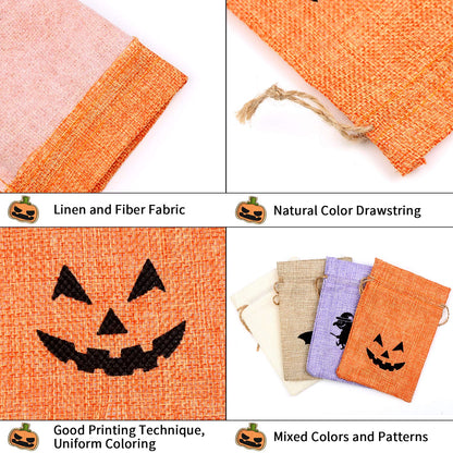 DECORA Halloween Burlap Gift Bags with Double Jute Drawstrings Candy Pouch Halloween Treat Bags with Different Designs Pack of 50