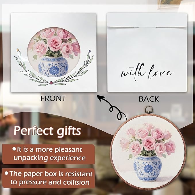 Threegoat Chinoiserie Spring Floral Framed Round Wall Art,Blue and White Hydrangea Flowers Wall Art Decor for Bedroom,Vintage Wall Hanging Decor for Grand Millenial Grandmillennial Home - A03