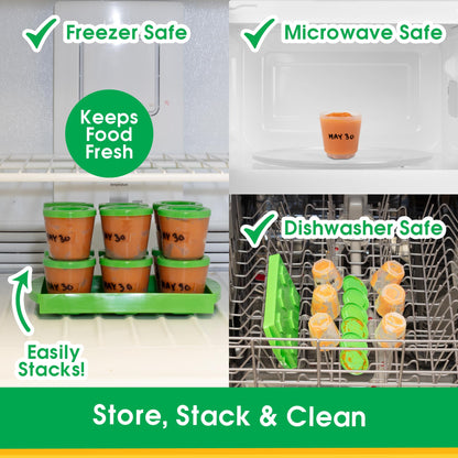 Baby Food Storage Containers w Write What You Want Lids (12 Pk) - 2oz Reusable Leakproof Plastic Jars & Tray- Freezer, Microwave & Dishwasher Safe- BPA/PVC Free, Compatible w Bullet Blender, Gift