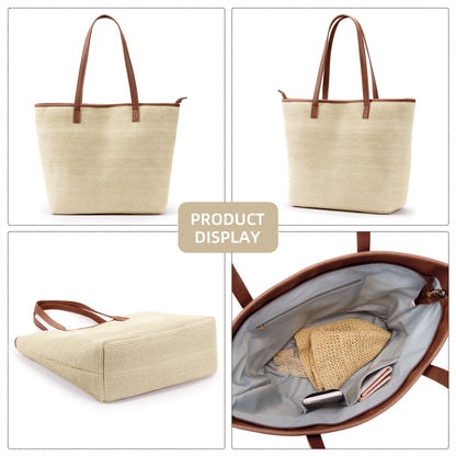 KALIDI Straw Tote Beach Bag Striped Shoulder Handbag Stitch Woven PU Leather Handle Zipper Closure Inner Pocket Travel Shopping Picnic