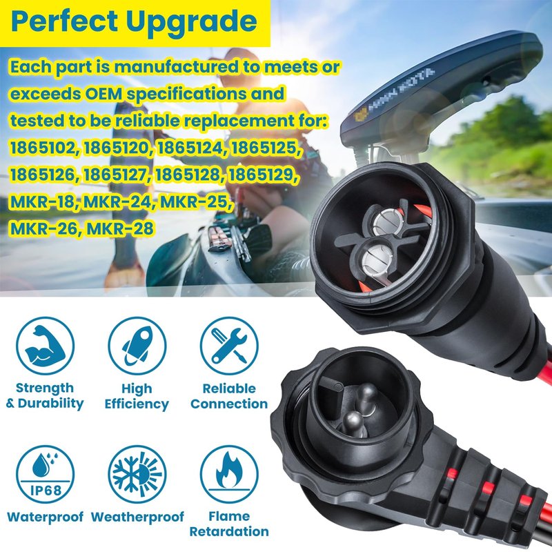 1865120 MKR-28 Trolling Motor Plug and Receptacle For Minn Kota Freshwater and Saltwater Marine Boat Battery Accessory Male Female Connector Socket Waterproof Heavy Duty 8AWG Rated To 60A Up To 48V