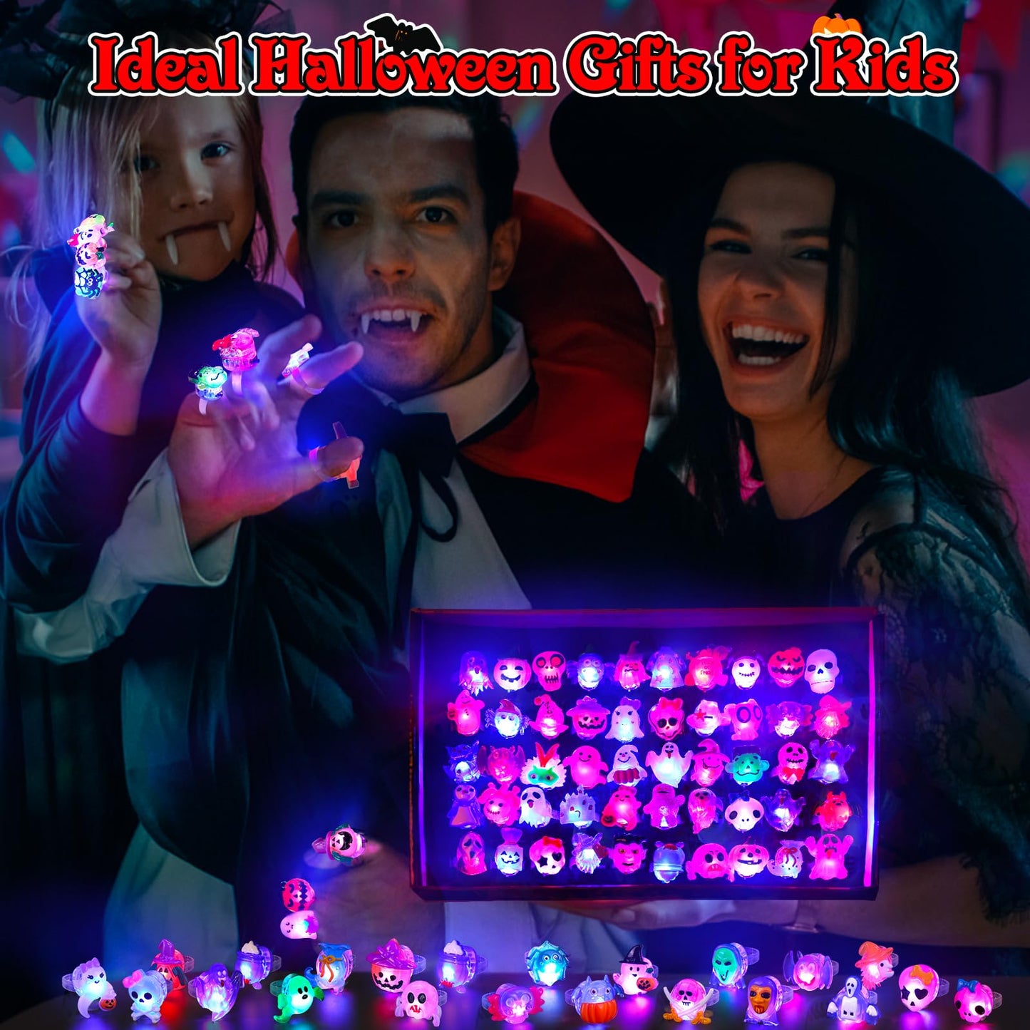 Nucifer 50 Pcs Halloween Treats Light Up Rings Toys Bulk 3D LED Flashing Glow In The Dark Rings Party Supplies Prizes Non Candy Treats Halloween Party Favors Gifts Toys Kids Adults Goodie Bag Stuffers