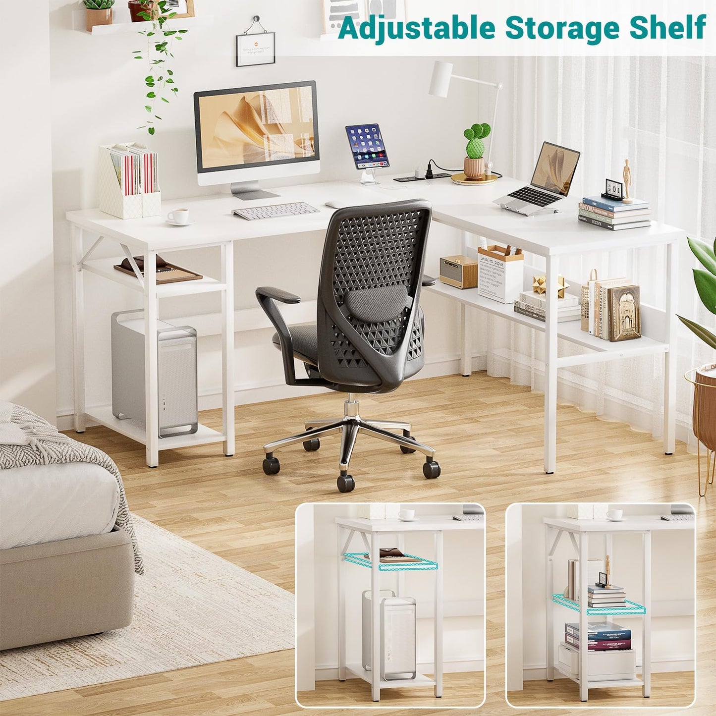 Hyomdeck Reversible L Shaped Gaming Desk with Power Outlets and USB Charging Ports, Sturdy Computer Desks with Storage Shelf, Modern Corner Desk Home Office Table, Easy to Assemble, White