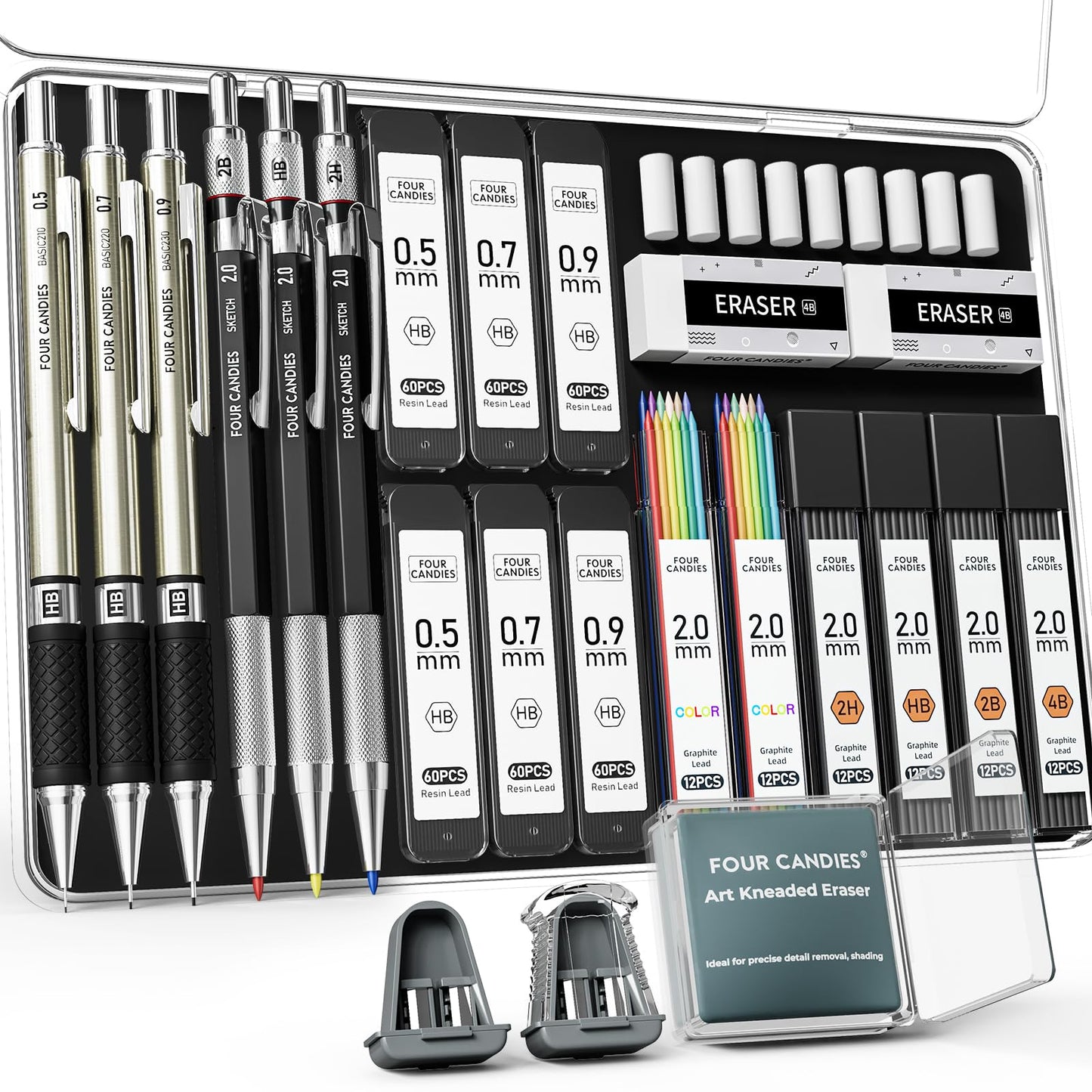 Four Candies 25PCS Art Mechanical Pencil Set with Case, 3PCS Metal Artist Lead Pencil 0.5, 0.7, 0.9 mm & 3PCS 2mm Holder (HB 2H 2B 4B Color) with 432PCS Graphite Lead Refills for Drawing Sketching