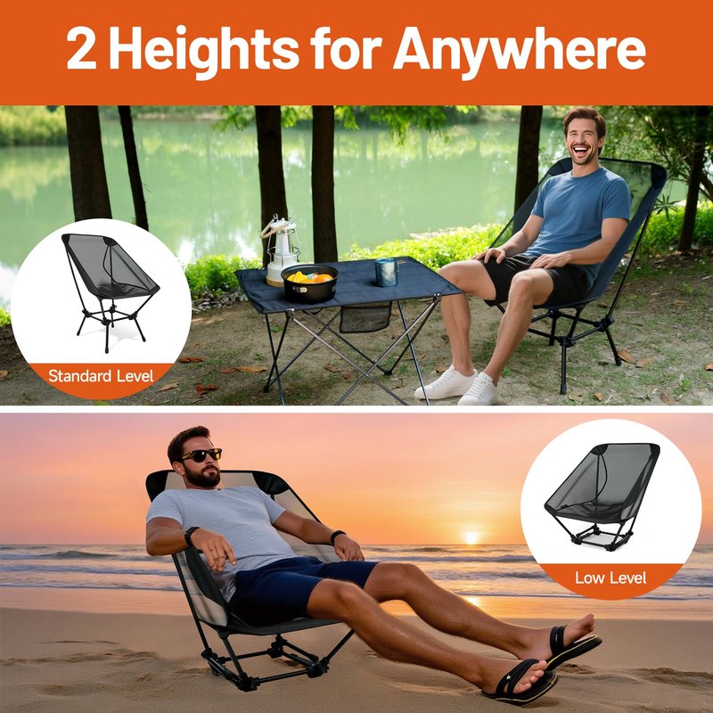 喜马拉雅 Himalaya Ultralight Beach Chair, 2 Heights Lightweight Camping Chair, Folding Mesh Backpacking Chairs, Portable Compact Camp Chairs for Hiking Picnic Lawn Festival Outdoor