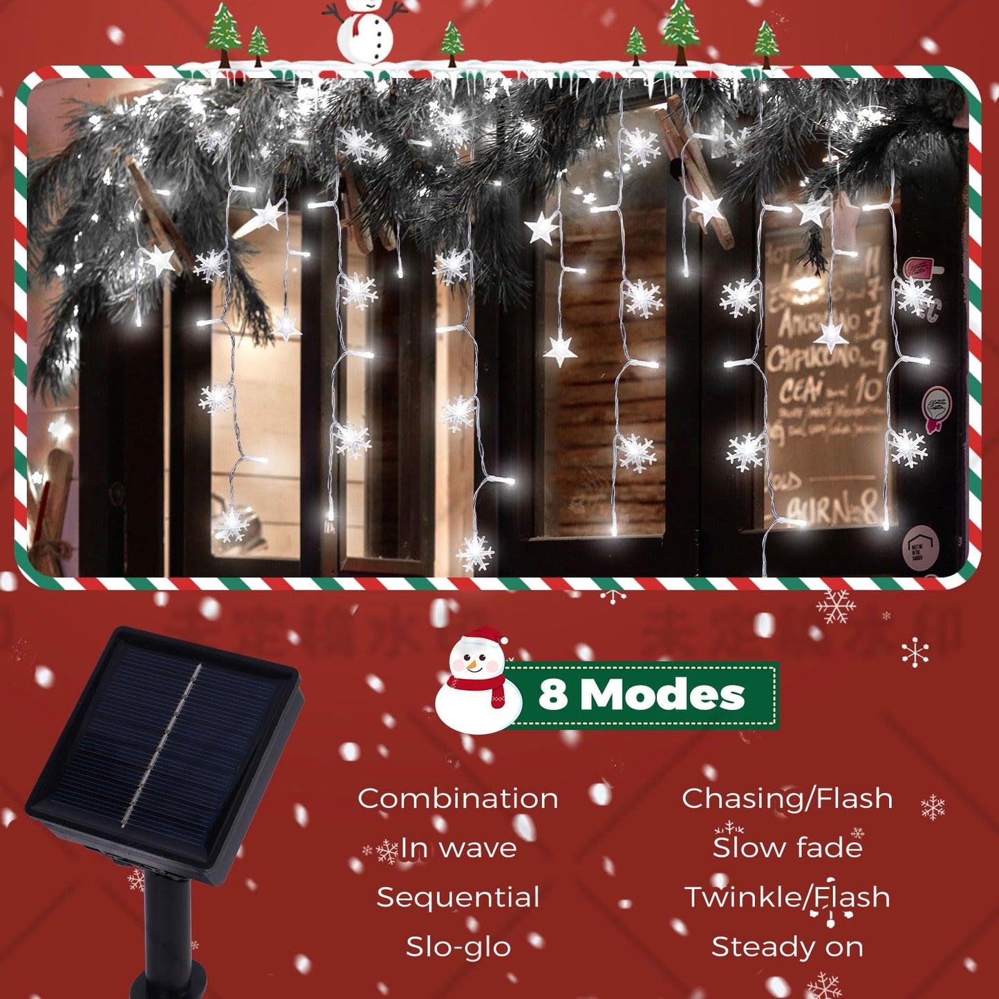 Newhale 30.5FT Solar Christmas Icicle Lights for Outside, 8 Modes Snowflake & Star Eaves Christmas Decorations, Waterproof Outdoor Solar String Lights Decor for Gazebo, Patio (White)