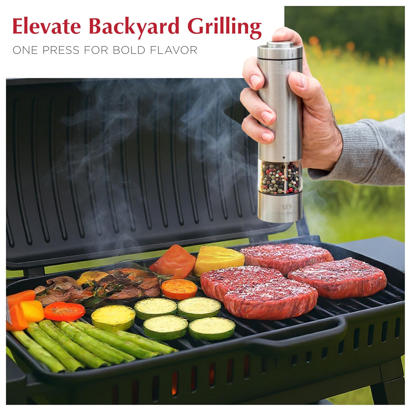 Electric Salt and Pepper Grinder Set - Battery Operated Stainless Steel Mill with Light (2 Mills) - Automatic One Handed Operation - Electronic Adjustable Shakers - Ceramic Grinders