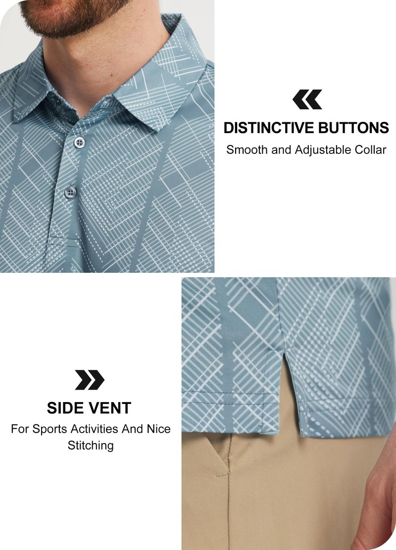 Libin Golf Shirts for Men Short Sleeve Quick Dry Performance Moisture Wicking Print Collared Polo Shirts Casual Business, Blue Green Lines, Large