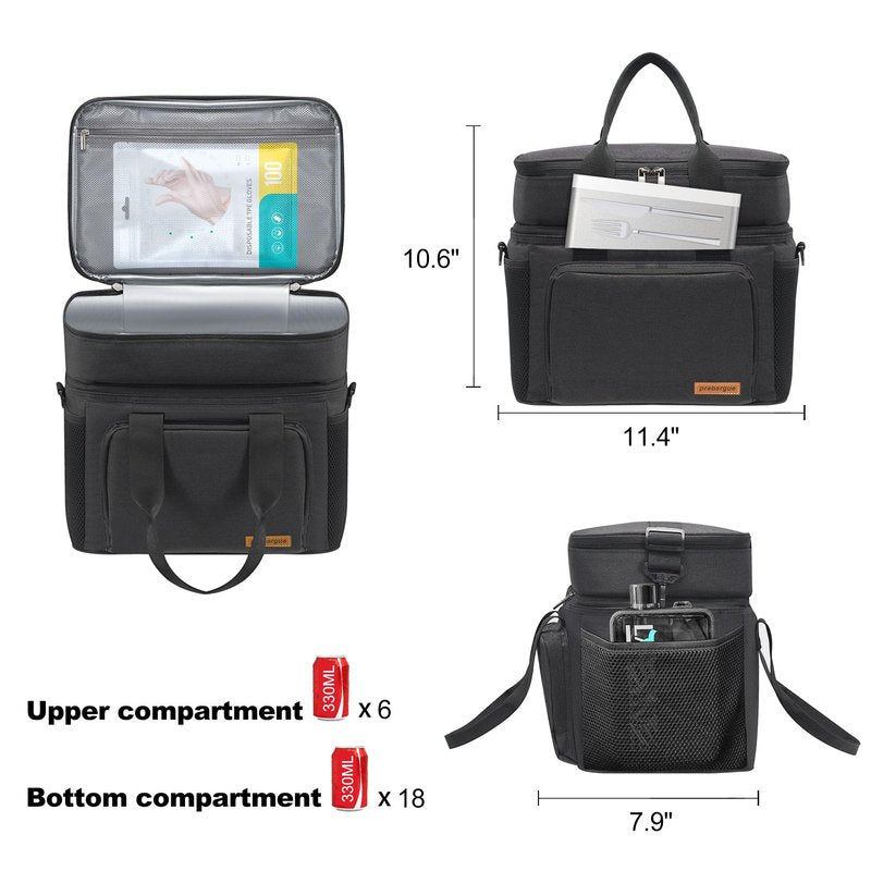 Prebargue Lunch Bag-Double Deck Insulated Lunch Box for Men Women, Soft Leakproof Thickened Cooler Bag for Work , Picnic, Outdoor, Camping, Travel with 2 Ice Packs(Black，15L)