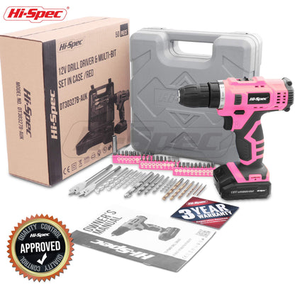 Hi-Spec 50pc 12V Pink Electric Cordless Power Drill Driver. in a Carry Case with Rechargeable Battery, Power Screwdriver Bits, Wood, Metal, and Masonry Drill Bit Set Accessories