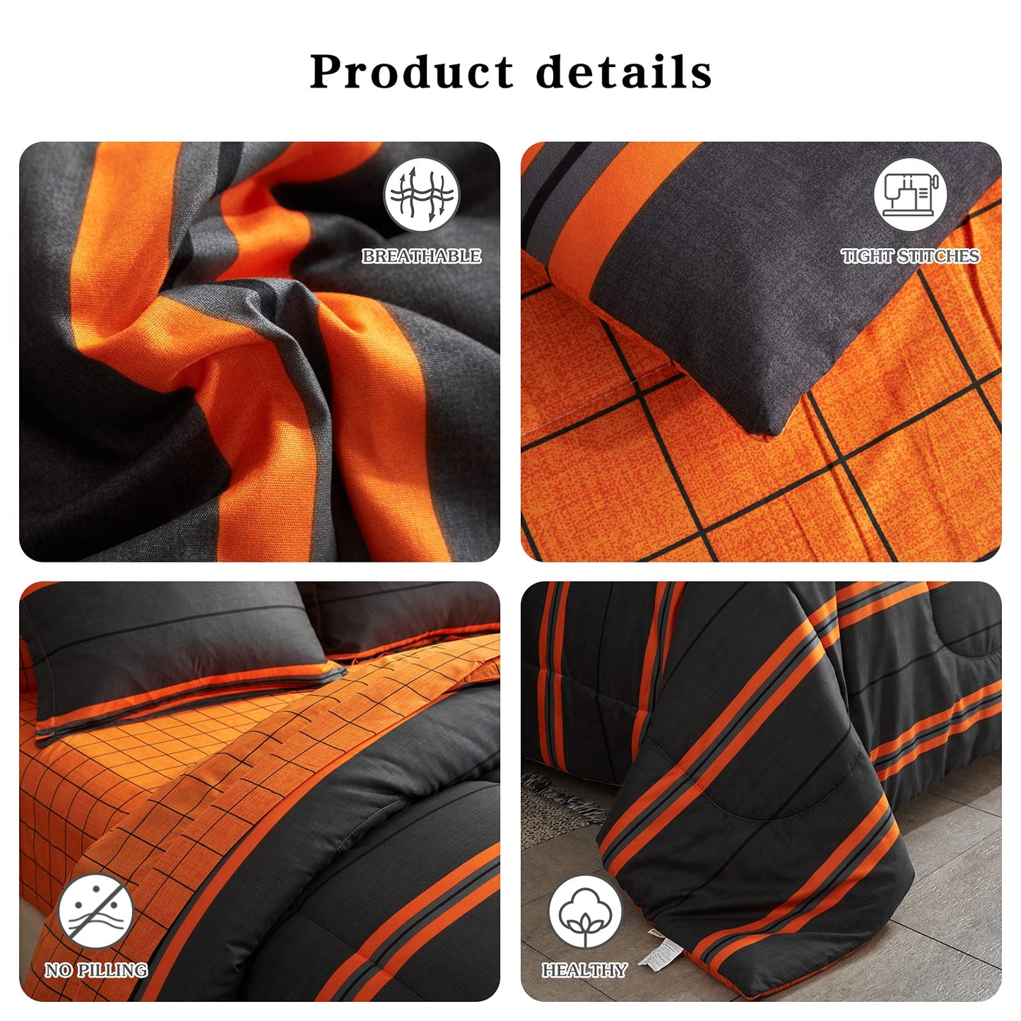 Flysheep Boho Striped Halloween Bed in a Bag 6 Pieces Twin Size, Ombre Bright Orange Stripes on Black Comforter Sheet Set (1 Comforter, 1 Flat Sheet, 1 Fitted Sheet, 2 Pillow Shams, 1 Pillowcase)