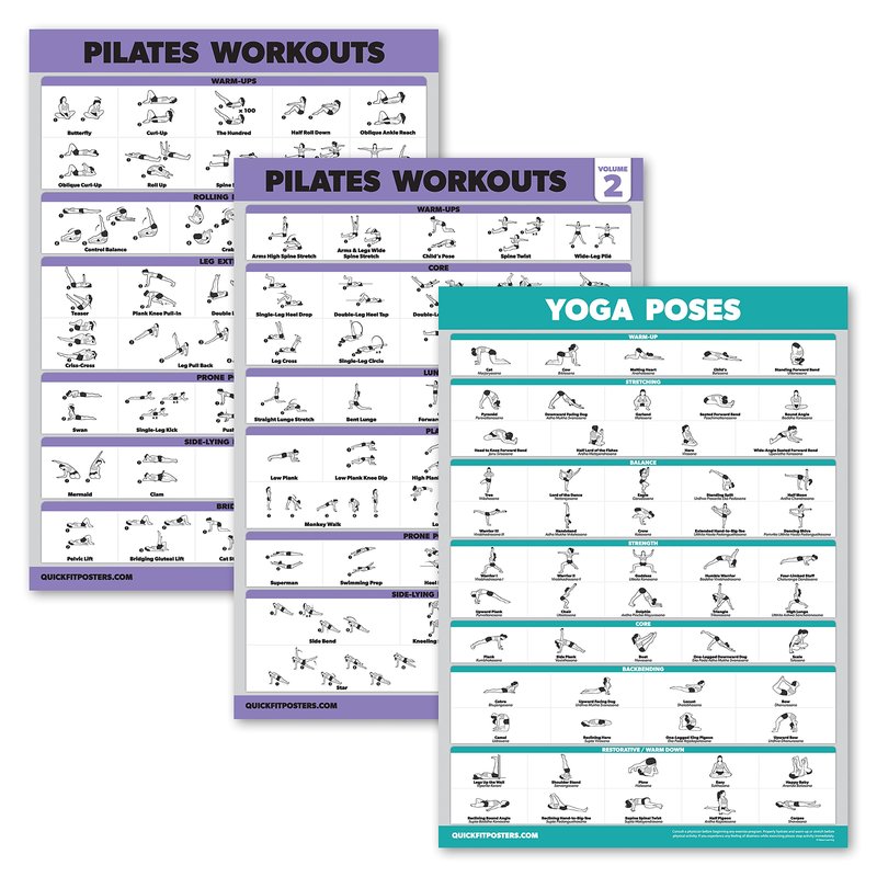 Palace Learning 3 Pack - Pilates Workout Posters Volume 1 & 2 + Yoga Poses - Pilates Mat Work Exercises - Fitness Chart Set (18' x 24", LAMINATED)
