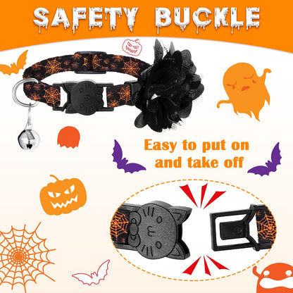 4 Pieces Halloween Cat Collar Breakaway Cat Collars with Bell and Removable Flowers Pumpkin Ghost Kitty Collars Quick Release Adjustable Pet Collar for Cat