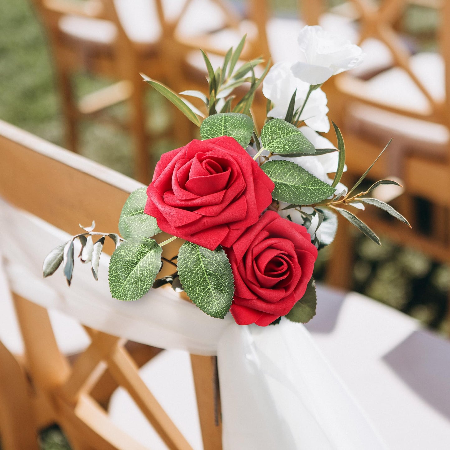 Mocoosy 50Pcs Red Roses Artificial Flowers, Artificial Rose Real Touch Foam Fake Roses Bulk with Stem,Lifelike Rose DIY Craft Flower for Wedding Bridal Bouquet Centerpiece Arrangement Party Home Decor