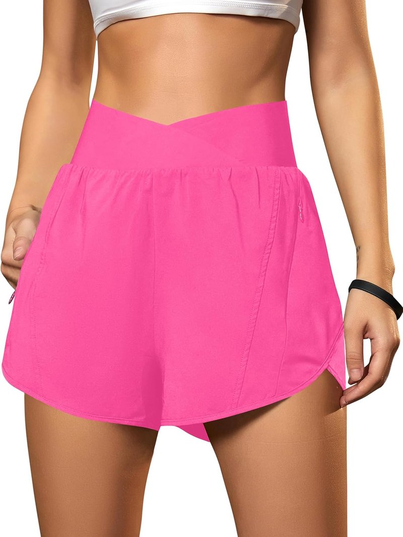 Women's High Waisted Workout Shorts - Athletic Crossover Running Shorts with Zipper Pockets | Comfortable Gym Wear