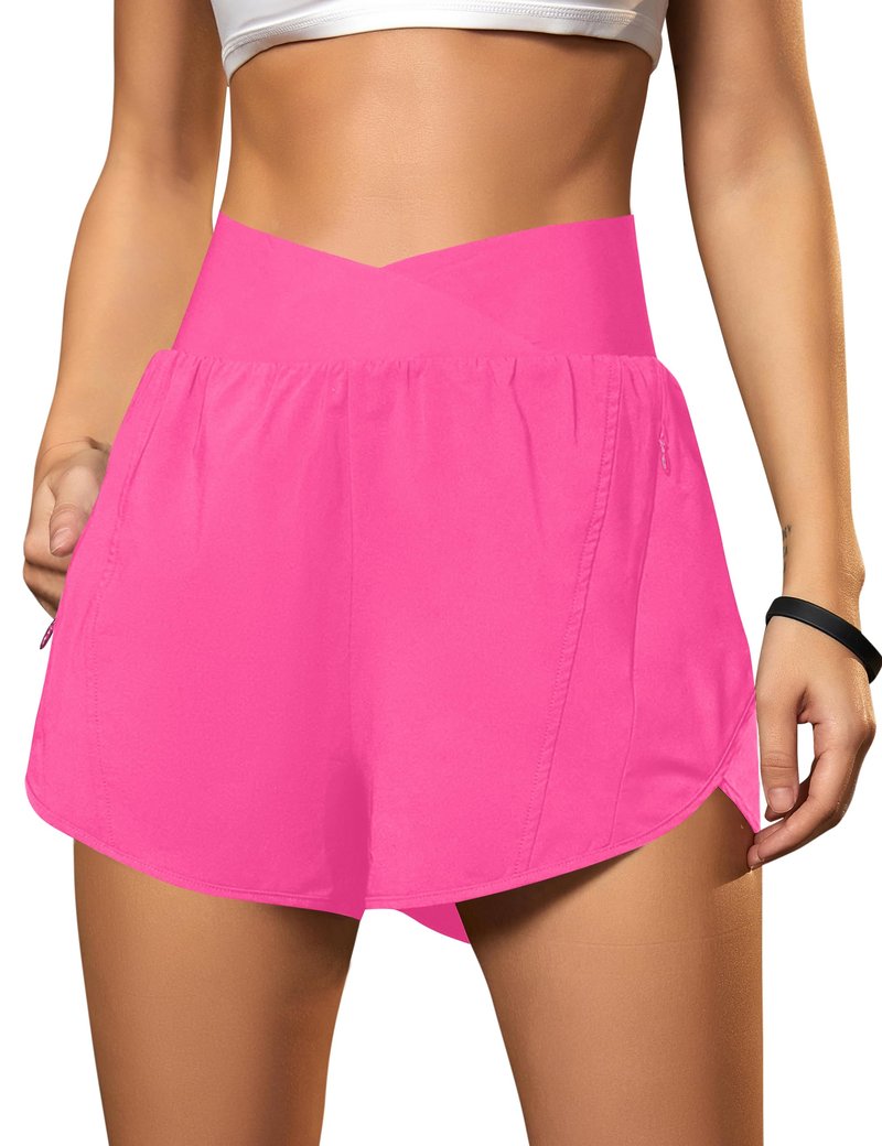 Blooming Jelly Women's Workout Shorts Athletic Running Casual Summer Quick Dry Gym Active Shorts with Zipper Pocket (Hot Pink,Large)