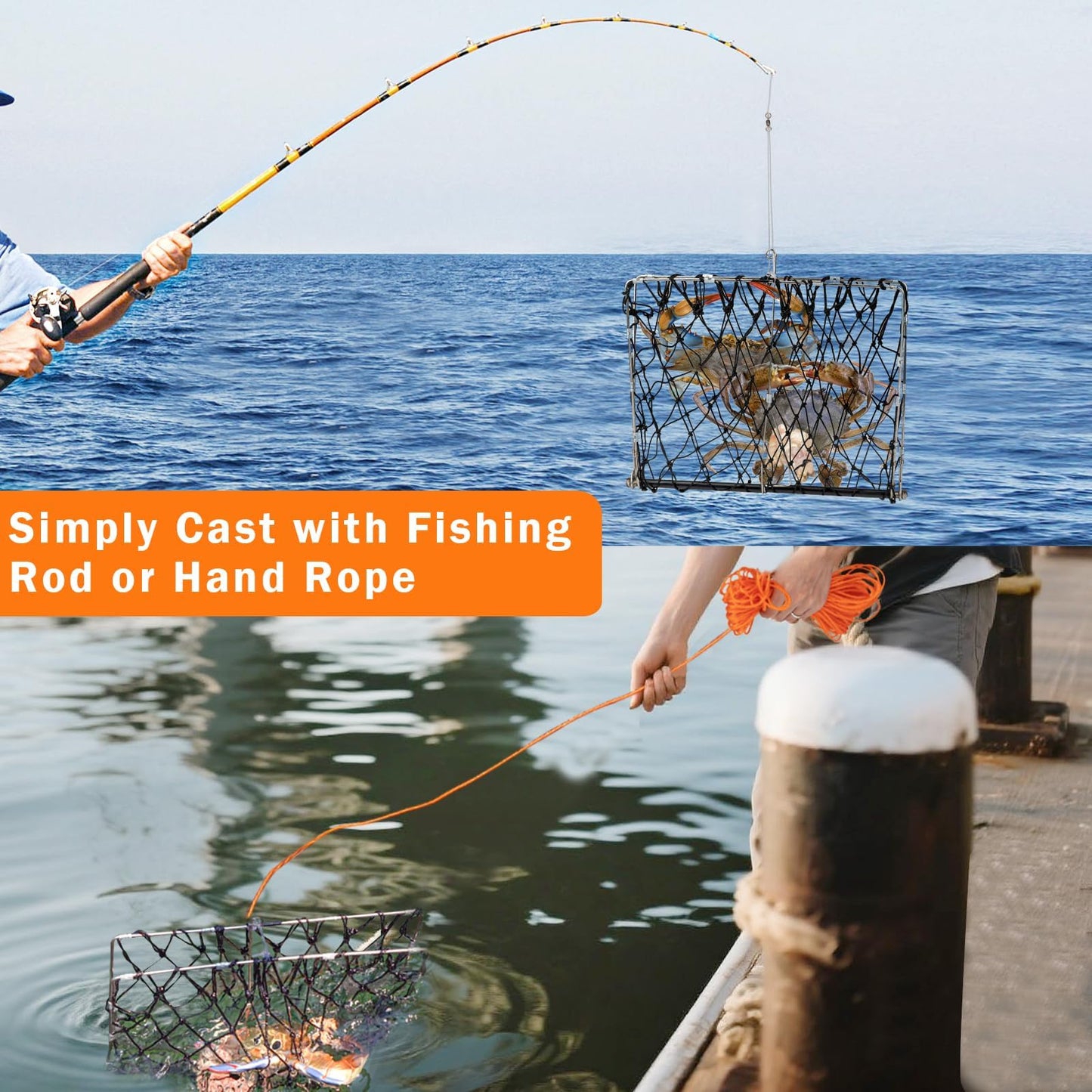 QualyQualy 2 Set Castable Crab Trap Kit, Foldable Crabbing Net with Rope & Bait Clip, Crab Snare/Pots/Traps for Blue Crabs, Dungeness, Crawfish Portable Crabbing Equipment
