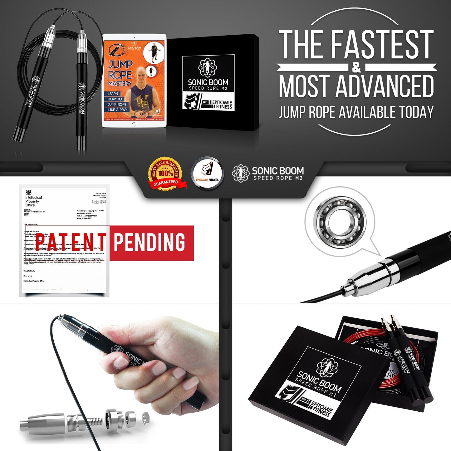 Epitomie Fitness Sonic Boom M2 High Speed Jump Rope - Patent Pending Self-Locking, Screw-Free Design – Weighted, 360 Degree Spin, Silicone Grip with 2 Speed Rope Cables for Home Workout, & More