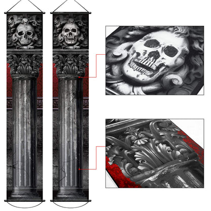 2 Pieces Halloween Gothic Mansion Banners Halloween Skull Hanging Banners with Welcome Foolish Mortals Porch Sign Spooky Pillar Sign Decorations for Outdoor Party Supplies