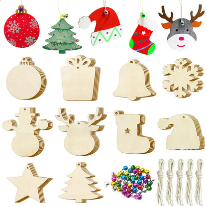 Pseutio 50 PCS Unfinished Wooden Christmas Ornaments DIY Christmas Wooden Slices with 50 Jingle Bells for Crafts Christmas Hanging Decorations (10 Shapes)