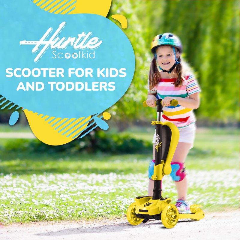 Hurtle 3 Wheeled Scooter for Kids - 2-in-1 Sit/Stand Child Toddlers Toy Kick Scooters w/ Flip-out Seat, Adjustable Height, Flashing Wheel Lights, Great for Indoor/Outdoor Fun, Yellow