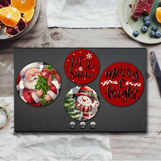 Red Christmas Decor Electric Stove Burner Covers，4 Pcs Xmas Decor Round Stove Burner Covers，8 Inches and 10 Inches，Gas Stove Burner Cover,Metal Cooktop Red Warm Decorative，Home Decor,Kitchen Decor