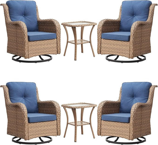 Rilyson Patio Chairs Wicker Outdoor Chair - 6 Piece Rattan Patio Swivel Rocking Chairs Set with Glass Top Side Table for Porch Deck Backyard(Yellow/Blue)