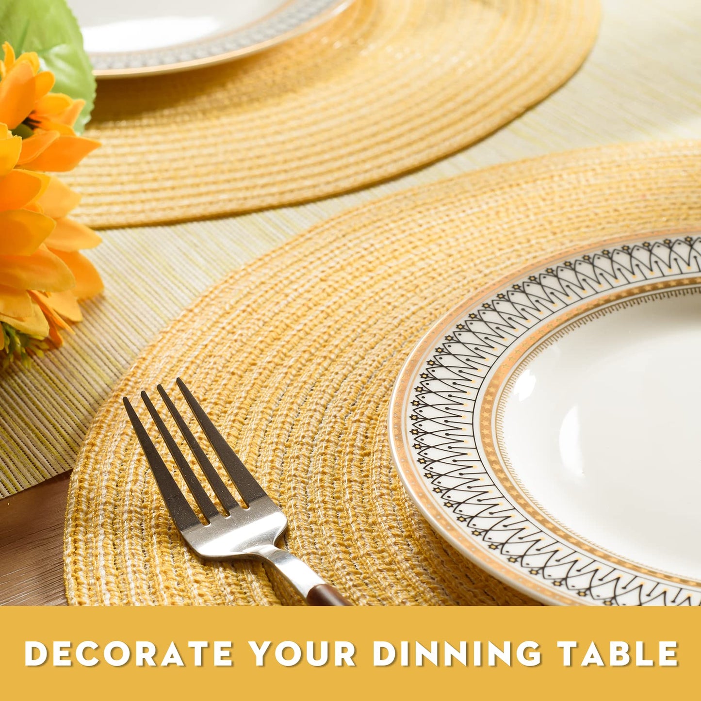 FunWheat Round Braided Placemats Set of 6 Place mats for Dining Tables Woven Heat Resistant Table Mats 15 inch (Yellow)